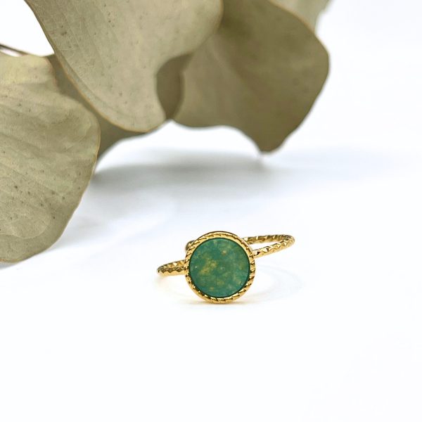 Bague délicate en acier inoxydable doré avec pierre bleue, posée sur un fond végétal.